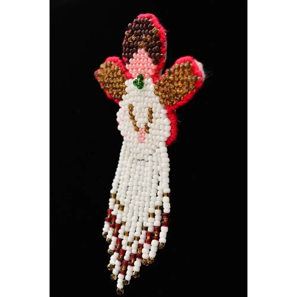 Vintage Angel Pin Brooch Beaded Dangle Fringe Fabric Christmas 1990s BinAT